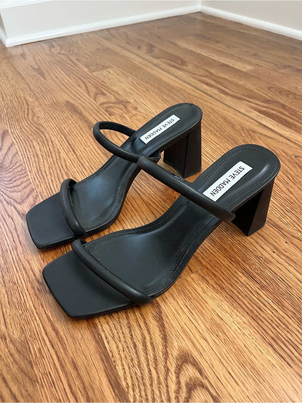 Steve Madden Black Minimal Double Strap Block Heels